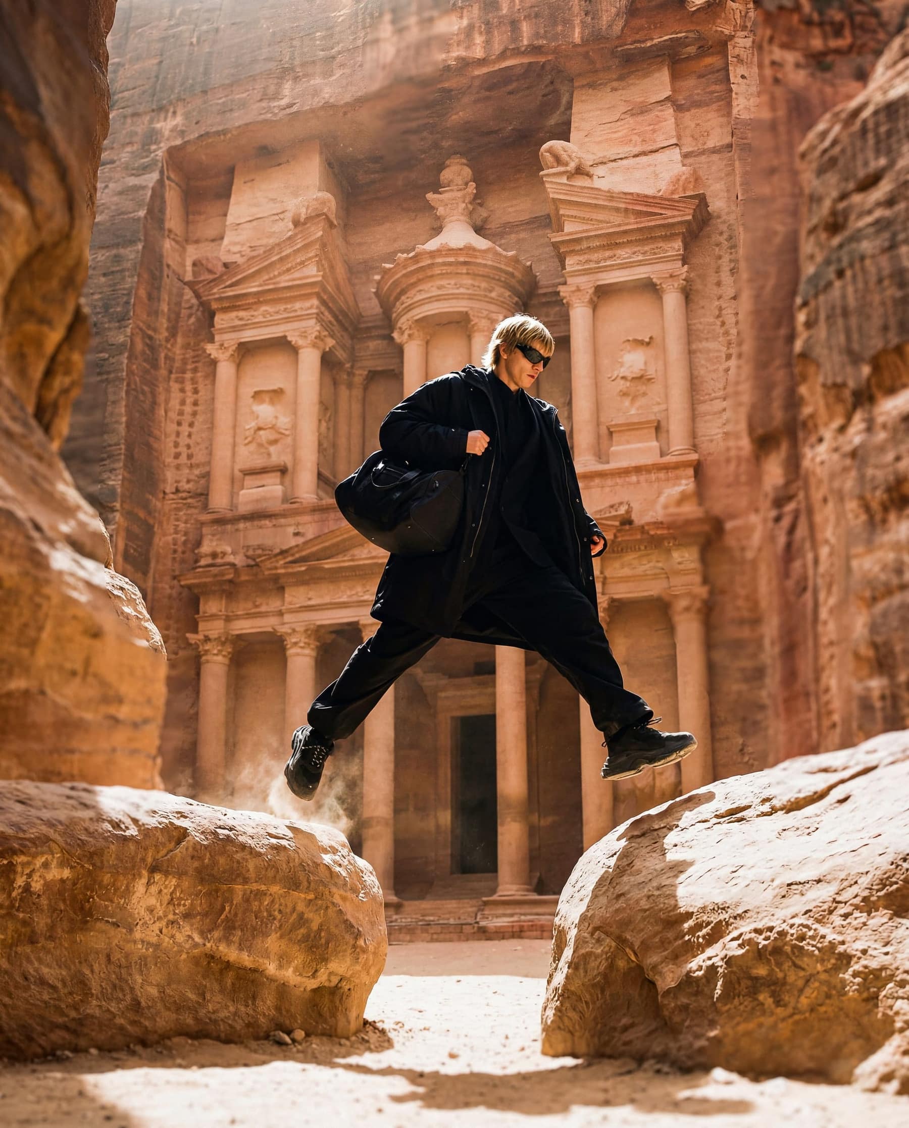 Modelo Balenciaga saltando en el desierto — concepto de campaña generado con IA, no oficial